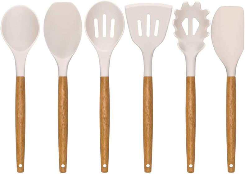 Imagem de Conjunto de utensílios de cozinha de silicone, deedro 7 peças Cozinhando utensílios definir espátula de silicone conjunto com alça de madeira acácia natural, alta resistência ao calor Gadgets Ferramentas Desequi, Cáqui