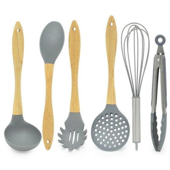 Imagem de Conjunto de Utensílios de Cozinha Silicone com Cabos de Madeira 6 Peças Wincy Cla03324 Rocie