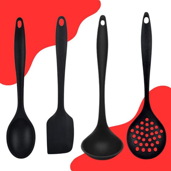 Imagem de Conjunto De Utensílios Para Cozinha De Silicone Espátula Colher Concha Escumadeira Preto