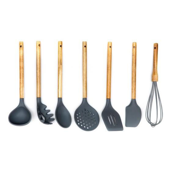 Imagem de Conjunto de Utensílios para Cozinha Yazi em Silicone Resistente e Cabo Madeira Acácia 7 Peças Premium