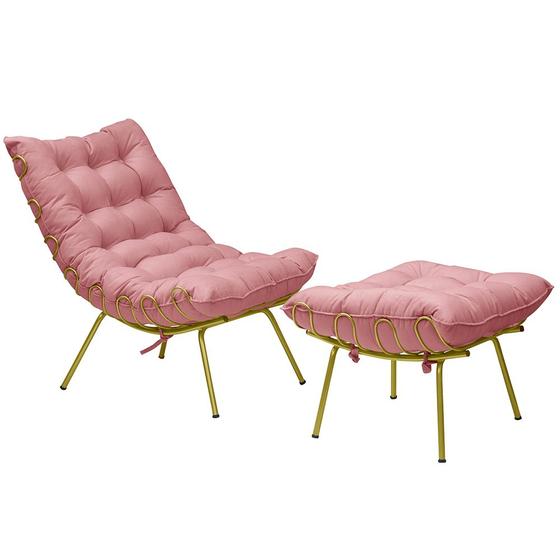 Imagem de Conjunto Decorativo Poltrona e Puff Abel Base de Ferro Dourada Suede Rosa G41 - Gran Belo