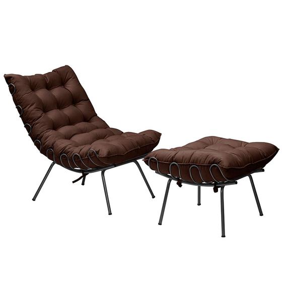 Imagem de Conjunto Decorativo Poltrona e Puff Abel Base de Ferro Preto Suede Chocolate G41 - Gran Belo