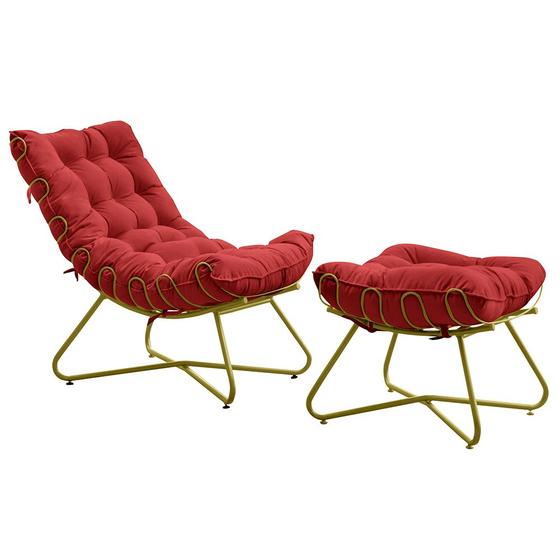 Imagem de Conjunto Decorativo Poltrona e Puff Caim Base de Ferro Dourado Suede Vermelho G41 - Gran Belo