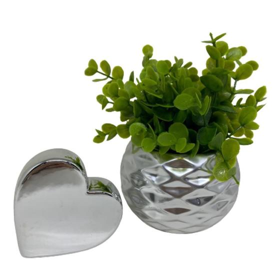 Imagem de Conjunto decorativo prata vaso redondo 3d e coração decor