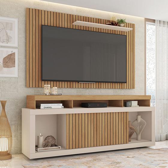 Imagem de Conjunto Decorativo Rack e Bancada Brendan MDF/MDP Ripado para TV 55 Pol. Buriti/OffWhite G11 - Gran Belo