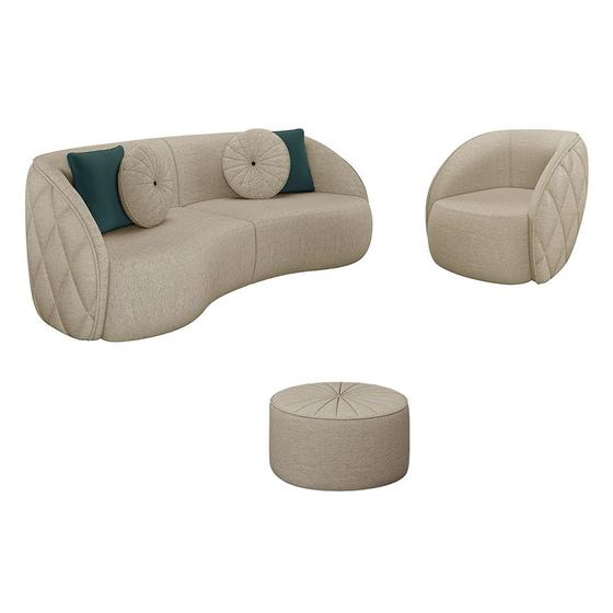 Imagem de Conjunto Decorativo Sofá 288cm e Poltrona Clarke com Puff Round Linho Bege G45 - Gran Belo