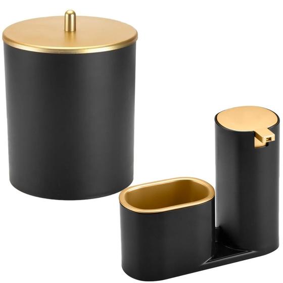 Imagem de Conjunto dispenser sabonete liquido e lixeira 5l pia e banheiro preto dourado