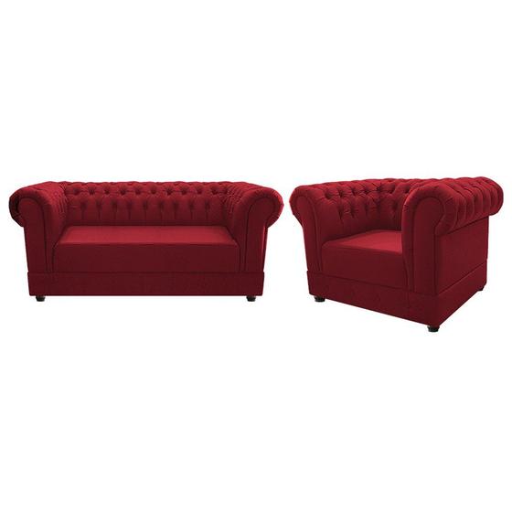 Imagem de Conjunto Divã Sofá 2 Lugares e Poltrona Cadeira Decorativa Chesterfield Suede Vermelho Recepção Sala de Estar - AM Decor