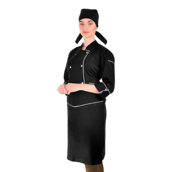 Imagem de Conjunto Dólmã Avental e Bandana Chef Feminino Sarja Preto - Wp Connect