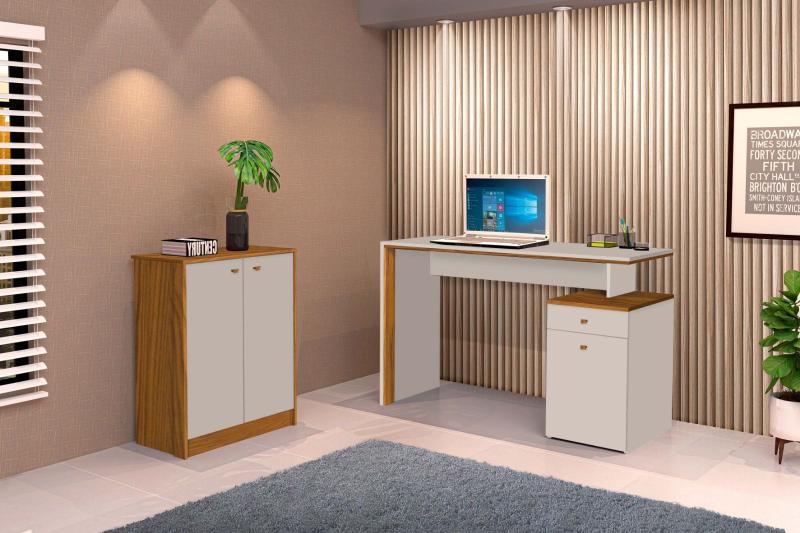Conjunto e 1 Mesa Escrivaninha e 1 Armário Balcão Office Escritório OffWhite com Freijó - Rede Móveis Menor preço em Conjunto e 1 Mesa Escrivaninha e 1 Armário Balcão Office Escritório OffWhite com Freijó - Rede Móveis