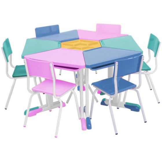 Conjunto Escolar Hexagonal BABY Mesas e Cadeiras - 06 A 09 anos - JUVENIL - POLLO MÓVEIS - 41005 Menor preço em Conjunto Escolar Hexagonal BABY Mesas e Cadeiras - 06 A 09 anos - JUVENIL - POLLO MÓVEIS - 41005