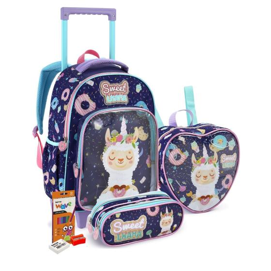 Imagem de Conjunto Escolar Infantil Mochila de Rodinhas Lancheira Estojo Lápis de Cor Borracha Apontador Menina Criança Aula Material