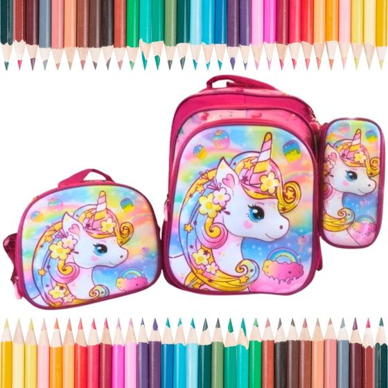 Imagem de Conjunto Escolar Lancheira Mochila E Estojo Unicórnio Rosa Glitter Charmoso Para Escola E Viagem Barato