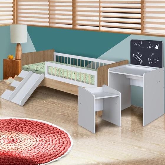 Imagem de Conjunto Escolinha Infantil Com Cama Montessoriana Aveiro Oak Branco Melvin Shop Jm