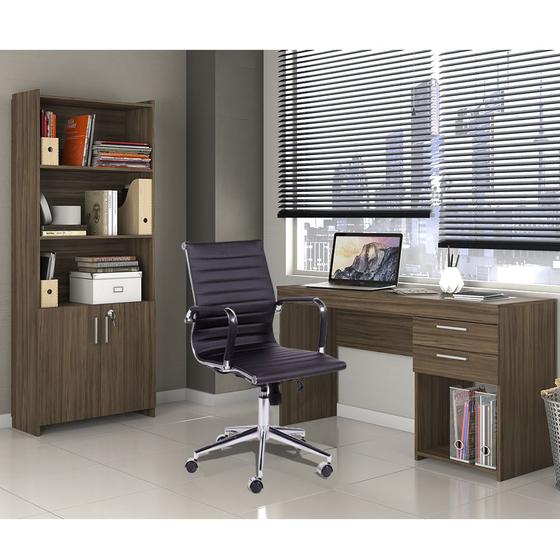 Conjunto Escritório Completo Com Mesa 2 Gavetas, Armário Multiuso Nogal e Cadeira Boston Giratória Preta Menor preço em Conjunto Escritório Completo Com Mesa 2 Gavetas, Armário Multiuso Nogal e Cadeira Boston Giratória Preta