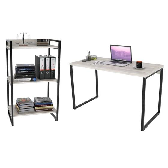 Imagem de Conjunto Escritório Estilo Industrial Mesa 135cm e Estante 60cm 3 Prateleiras Prisma Snow - Mpozenat