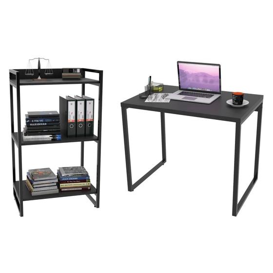 Imagem de Conjunto Escritório Estilo Industrial Mesa 90cm e Estante 60cm 3 Prateleiras Prisma Preto Onix - Mpo