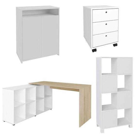 Imagem de Conjunto Escritório Home Office 4 Peças Nil A06 Branco-carvalho-branco - Mpozenato