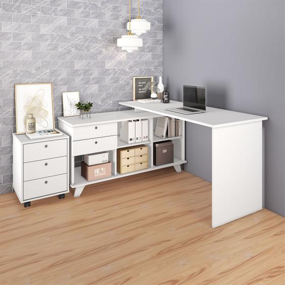 Imagem de Conjunto Escrivaninha em L com 2 Gavetas Artany Gold e Gaveteiro com 3 Gavetas New