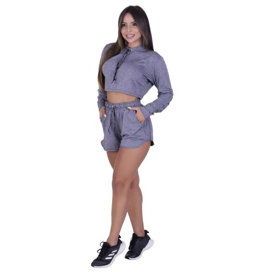 Imagem de Conjunto esportivo feminino short bolso e croped manga longa capuz orbis