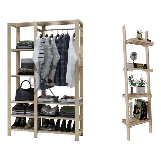 Imagem de Conjunto Estante Suporta Até 60Kg Minimalista 100% Pinus Design Clássico e  Arara Retro Pinus C/ 8 Prateleiras Expositoras