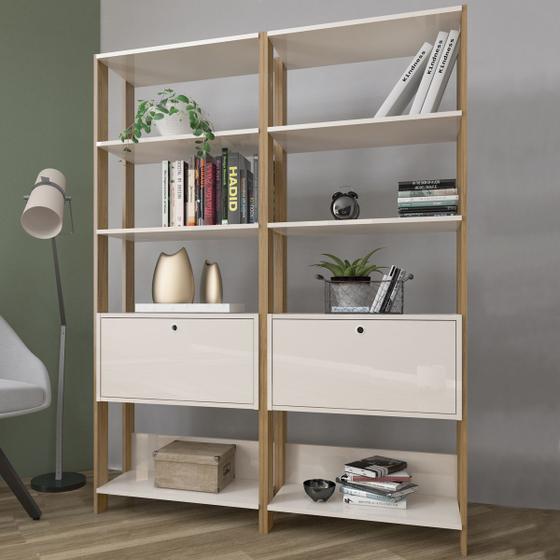 Imagem de Conjunto Estantes para Livros Match 2 Portas Basculantes 6 Prateleiras Off White/Carvalho - Pnr Móveis