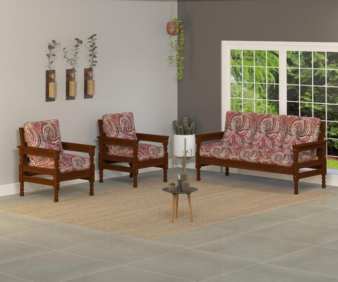 Conjunto Estofado 3 Lugares e 2 Poltronas Dalas Castanho Tecido Vermelho - Nemargi Menor preço em Conjunto Estofado 3 Lugares e 2 Poltronas Dalas Castanho Tecido Vermelho - Nemargi