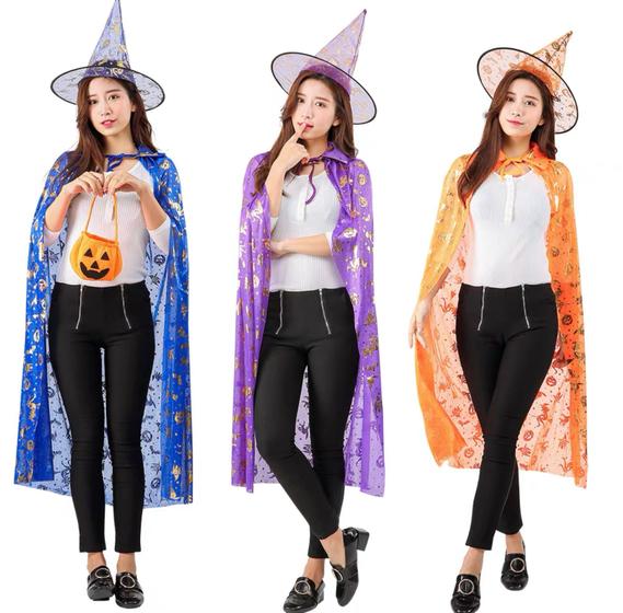 Imagem de Conjunto Fantasia Capa De Bruxo(a) + Chapéu Adulto 140cm Lilás Com Dourada Halloween Festas