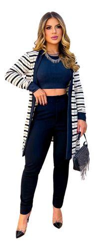 Imagem de Conjunto Feminino 3 Peças Calça Cropped Cardigan Listrado Longo Frio Outono Inverno Social Elegante Casual dia a dia