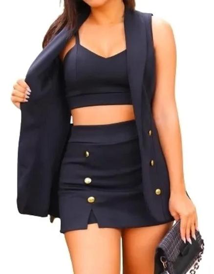 Conjunto Feminino 3 Peças Cropped Short Saia E Max Colete Menor preço em Conjunto Feminino 3 Peças Cropped Short Saia E Max Colete
