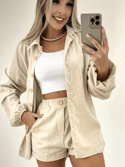 Conjunto Feminino Alfaiataria em Linho Camisa Manga Longa Simples Short Reto Casual elegante Bolso B - CRIS BOUTIQUE