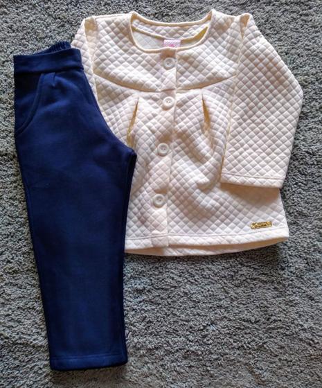 Imagem de Conjunto feminino casaco cashmere com botão e calça moletom com felpa abrange natural/marinho tam 2