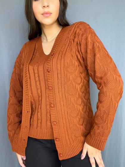 Imagem de Conjunto Feminino Casaco e Blusa Twinset Tricot Malha Inverno Decote em V Plus Size M ao GG