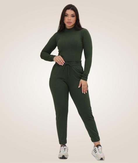 Imagem de Conjunto Feminino Com Blusa Manga Longa Gola Alta e Calça Jogger Canelada Casual Cores Variadas Tamanho Único