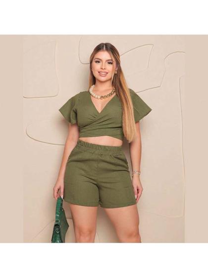 Imagem de Conjunto feminino cropped amarrar e shorts com bolso no linho