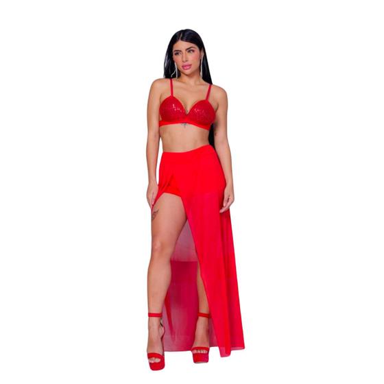 Imagem de Conjunto Feminino Cropped Brilhante Com Saia Fenda Transparencia Moda Festa