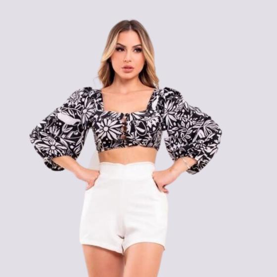 Imagem de Conjunto Feminino Cropped Manga Longa Short Cintura Alta