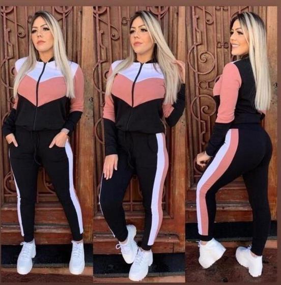 Conjunto Feminino de Calça e Agasalho Manga Longa com Zíper Tamanho M na Cor Preto com Branco e Rose Menor preço em Conjunto Feminino de Calça e Agasalho Manga Longa com Zíper Tamanho M na Cor Preto com Branco e Rose