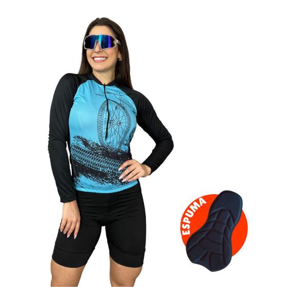 Imagem de Conjunto Feminino de Ciclismo Camisa Manga Longa e Bermuda de Espuma MTB