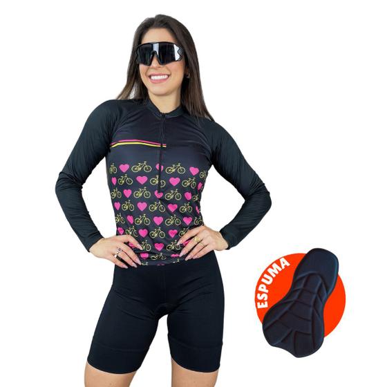 Imagem de Conjunto Feminino de Ciclismo Camisa Manga Longa e Bermuda de Espuma MTB