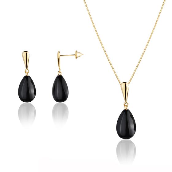 Imagem de Conjunto Feminino de Ouro 18k Com Pedra Preta Ônix Natural 60 cm