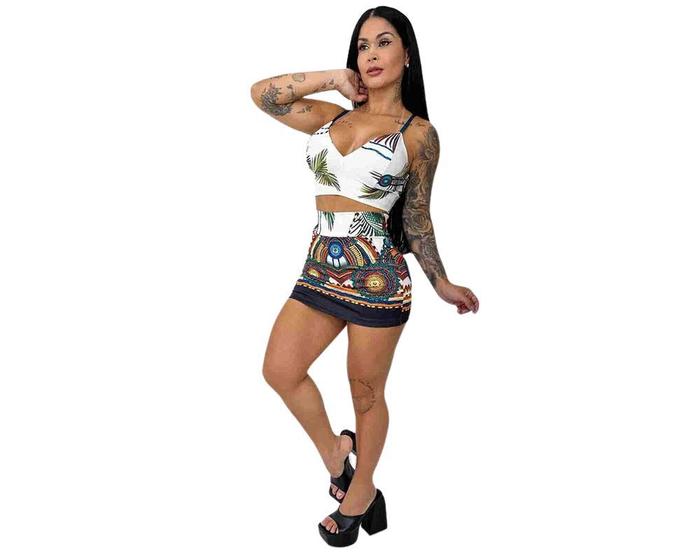 Imagem de Conjunto Feminino de Short Saia e Cropped Estampa Geométrica