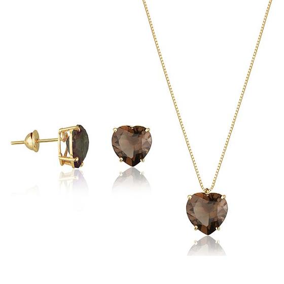 Conjunto Feminino Em Ouro 18k Brincos e Gargantilha Coração Fumê - AGAPRIME JÓIAS Imagem de Conjunto Feminino Em Ouro 18k Brincos e Gargantilha Coração Fumê