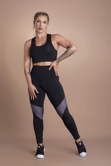 Imagem de Conjunto Feminino Fitness Academia Calça Legging Cintura Alta Detalhe Na Perna Tela e Top Nadador Liso Básico F7 NEW STYLE