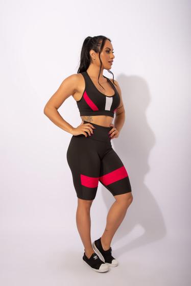 Imagem de Conjunto Feminino Fitness Bermuda Cintura Alta Com Recorte Na Perna E Top Nadador Com Tela Frontal Academia F7 NEW STYLE