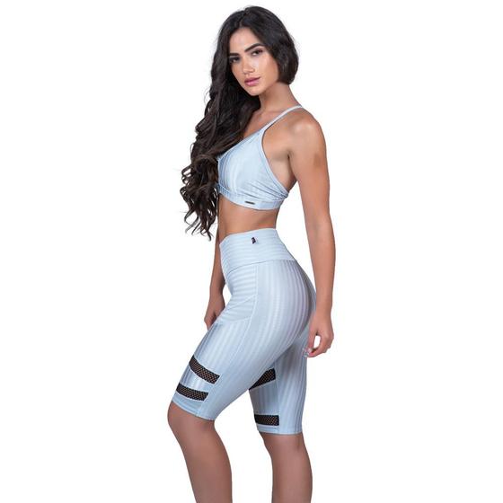 Imagem de Conjunto Feminino Fitness Bermuda Tela Cós Alto E Top Bojo Cirre 3D Orbis - Gelo, M