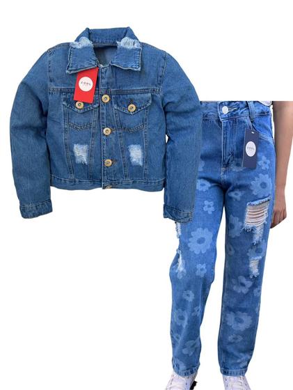 Imagem de Conjunto feminino jeans juvenil jaqueta + calça jeans menina de 10 a 16 anos