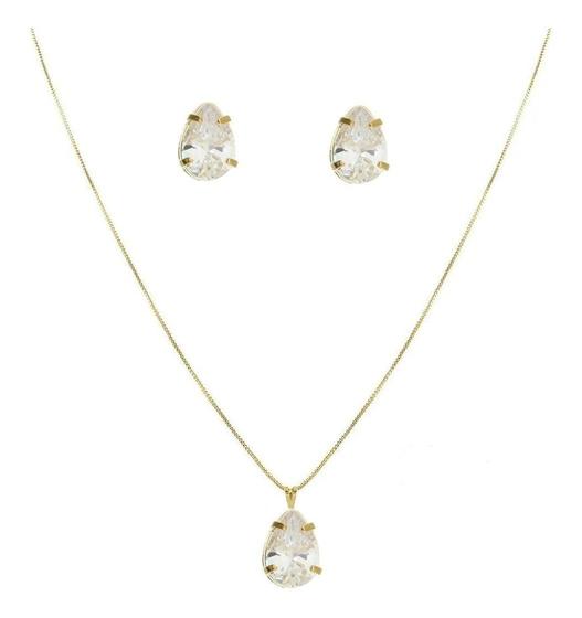 Imagem de Conjunto Feminino Pedra Zirconia Gota Cristal Banhado Ouro