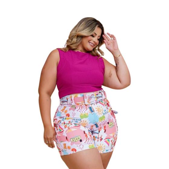 Imagem de Conjunto Feminino Plus Size Cropped e Short Estampado 0427