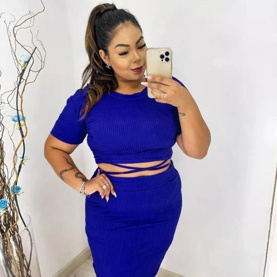 Imagem de Conjunto Feminino Plus Size Malha Canelada Cropped Amarração e Saia Tubinho Moda Gringa Feminina